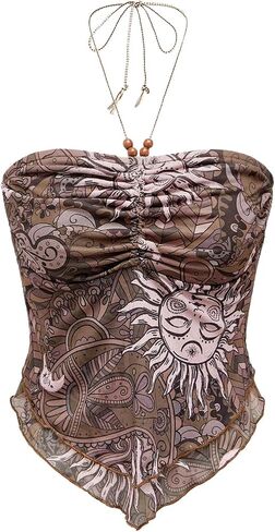 Women's Tribal Pattern Asymmetrical Hem Tie Halter Backless Tops Boho Ruched Sleeveless Cami Tops in Kuwait