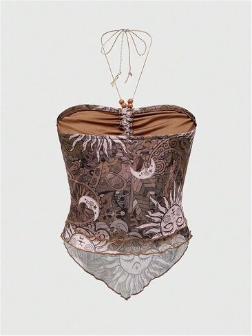 Women's Tribal Pattern Asymmetrical Hem Tie Halter Backless Tops Boho Ruched Sleeveless Cami Tops in Kuwait