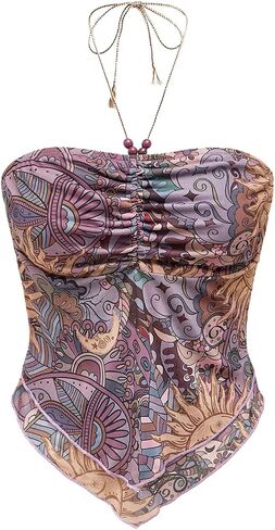 Women's Tribal Pattern Asymmetrical Hem Tie Halter Backless Tops Boho Ruched Sleeveless Cami Tops in Kuwait