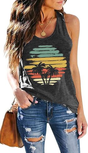 Womens Vintage Graphic Racerback Tank Tops Summer Beach Vacation Tank Cami Casual Loose Workout Yoga Tanks Vest in Kuwait
