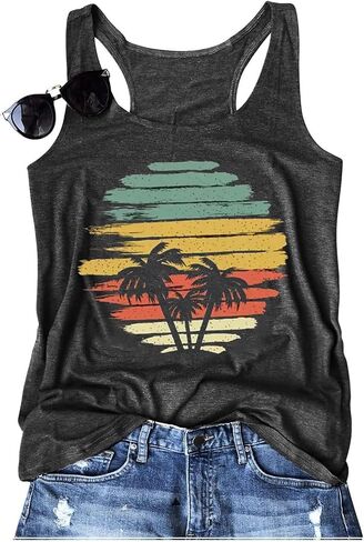 Womens Vintage Graphic Racerback Tank Tops Summer Beach Vacation Tank Cami Casual Loose Workout Yoga Tanks Vest in Kuwait