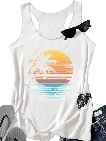 Womens Vintage Graphic Racerback Tank Tops Summer Beach Vacation Tank Cami Casual Loose Workout Yoga Tanks Vest in Kuwait