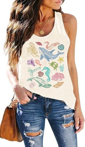 Womens Vintage Graphic Racerback Tank Tops Summer Beach Vacation Tank Cami Casual Loose Workout Yoga Tanks Vest in Kuwait