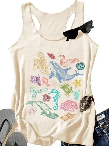 Womens Vintage Graphic Racerback Tank Tops Summer Beach Vacation Tank Cami Casual Loose Workout Yoga Tanks Vest in Kuwait