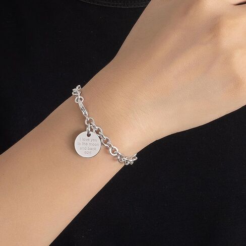 Women 925 Sterling Silver Round Cable Wire Link Bracelet Charm Heart-Bell-Square-Circle Pendant Chain Bangle Fine Jewelry Gift For Wife Her in Saudi Arabia