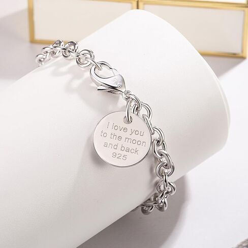 Women 925 Sterling Silver Round Cable Wire Link Bracelet Charm Heart-Bell-Square-Circle Pendant Chain Bangle Fine Jewelry Gift For Wife Her in Saudi Arabia