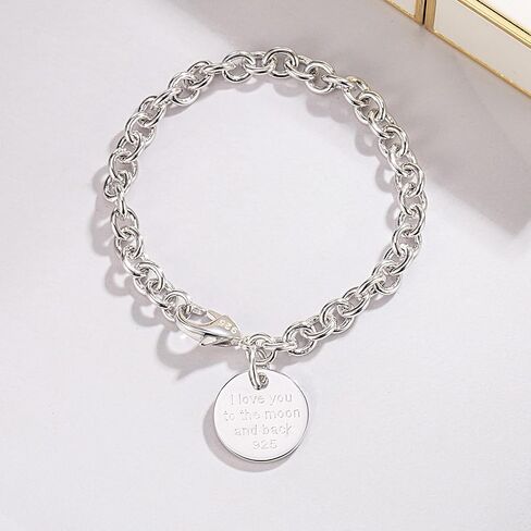 Women 925 Sterling Silver Round Cable Wire Link Bracelet Charm Heart-Bell-Square-Circle Pendant Chain Bangle Fine Jewelry Gift For Wife Her in Saudi Arabia