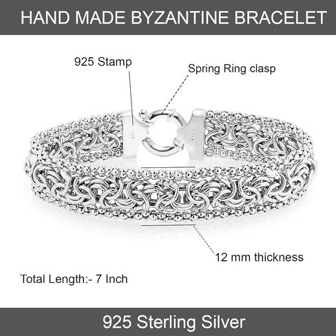 Lecalla Italian 925 Sterling Silver Byzantine Bracelets for Women | هدية مجوهرات سلسلة روابط البيزنطية الكلاسيكية المصنوعة يدويًا لزوجتها والدتها in Kuwait