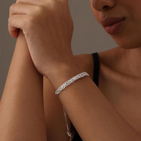 Lecalla Italian 925 Sterling Silver Byzantine Bracelets for Women | هدية مجوهرات سلسلة روابط البيزنطية الكلاسيكية المصنوعة يدويًا لزوجتها والدتها in Kuwait