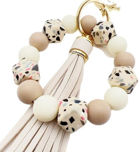 Silicone Beaded Bracelet Keychain Key Ring for Women, Key Chain with PU Tassel, Car Keyring Wristlet Bag Pendant in Saudi Arabia