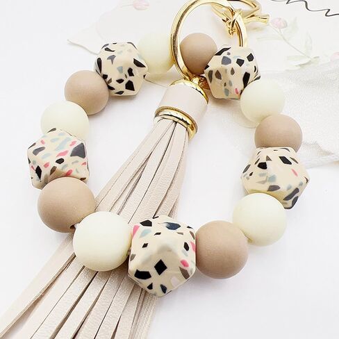 Silicone Beaded Bracelet Keychain Key Ring for Women, Key Chain with PU Tassel, Car Keyring Wristlet Bag Pendant in Saudi Arabia