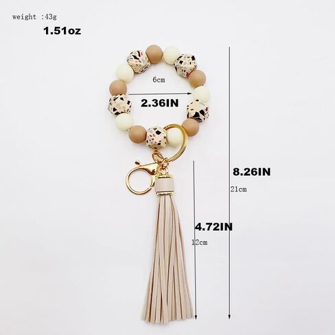 Silicone Beaded Bracelet Keychain Key Ring for Women, Key Chain with PU Tassel, Car Keyring Wristlet Bag Pendant in Saudi Arabia
