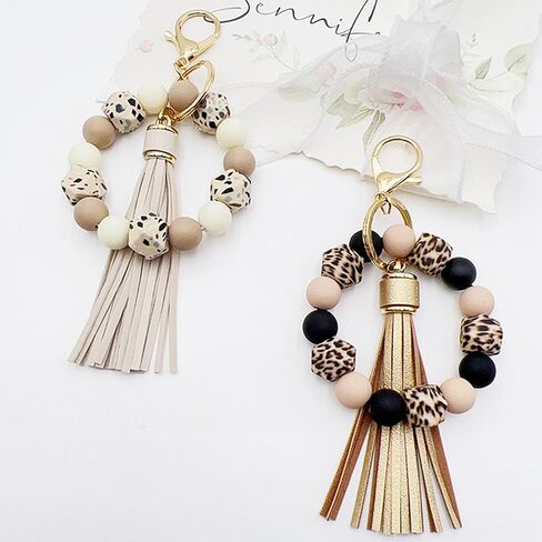 Silicone Beaded Bracelet Keychain Key Ring for Women, Key Chain with PU Tassel, Car Keyring Wristlet Bag Pendant in Saudi Arabia
