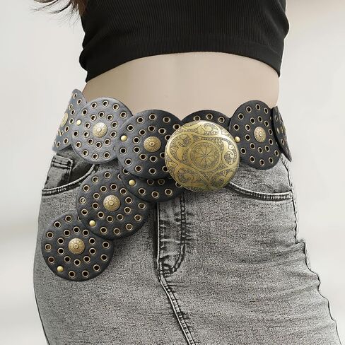 Western Belts for Woman, Boho Disk Concho Leather Belts Circle Y2k Belt, Cowboy Metal Belt Grunge Punk Accessories in Kuwait