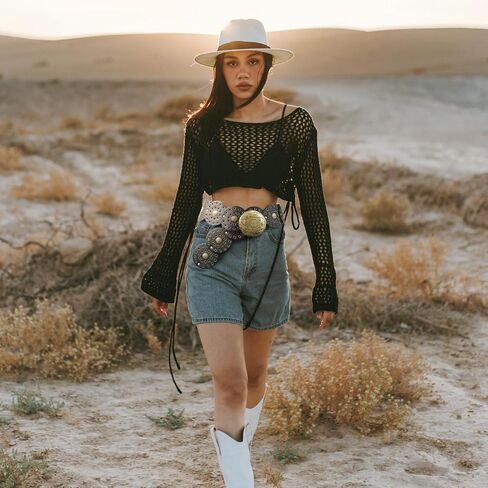Western Belts for Woman, Boho Disk Concho Leather Belts Circle Y2k Belt, Cowboy Metal Belt Grunge Punk Accessories in Kuwait