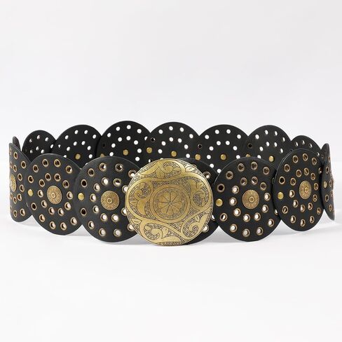 Western Belts for Woman, Boho Disk Concho Leather Belts Circle Y2k Belt, Cowboy Metal Belt Grunge Punk Accessories in Kuwait