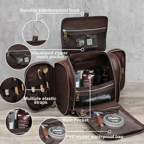 EURYNOME Toiletry Bag For Men, Genuine Leather Toiletries Organizer, Travel Hanging Toiletry Bag Large Water-resistant Bathroom Shaving Kit for Cosmetics, Makeup Case Travel Dopp Kit in Saudi Arabia