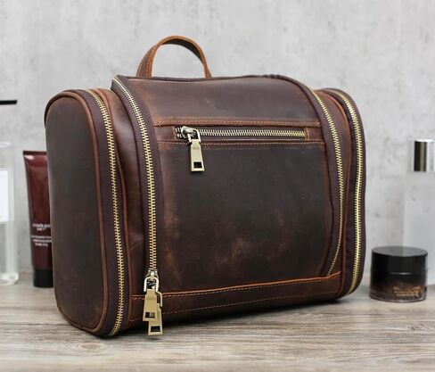 EURYNOME Toiletry Bag For Men, Genuine Leather Toiletries Organizer, Travel Hanging Toiletry Bag Large Water-resistant Bathroom Shaving Kit for Cosmetics, Makeup Case Travel Dopp Kit in Saudi Arabia