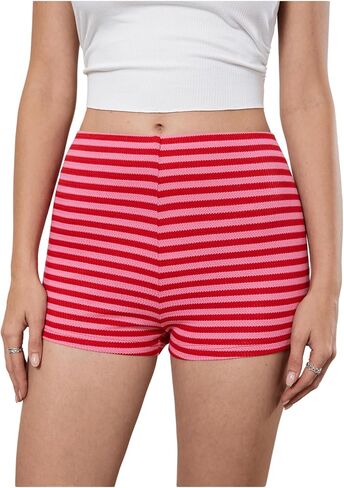 MakeMeChic Women's Stripes Pattern Knitted Shorts Elastic Waist Skinny Fit Track Shorts in Saudi Arabia