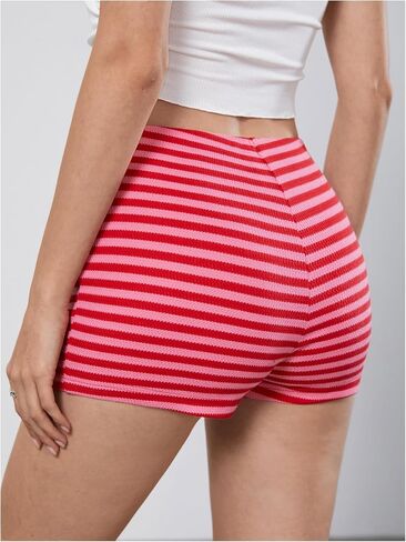 MakeMeChic Women's Stripes Pattern Knitted Shorts Elastic Waist Skinny Fit Track Shorts in Saudi Arabia