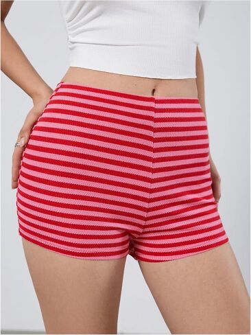 MakeMeChic Women's Stripes Pattern Knitted Shorts Elastic Waist Skinny Fit Track Shorts in Saudi Arabia