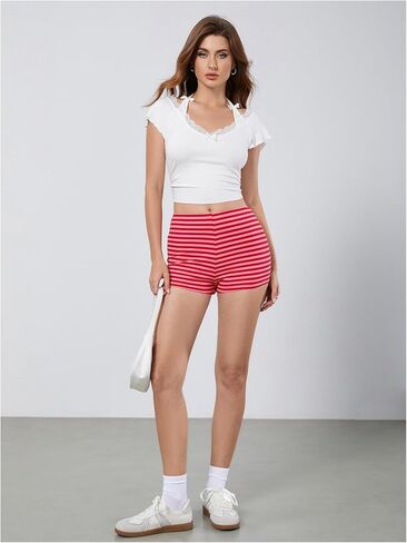 MakeMeChic Women's Stripes Pattern Knitted Shorts Elastic Waist Skinny Fit Track Shorts in Saudi Arabia