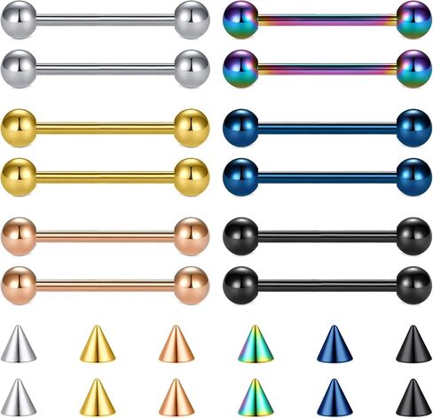 FECTAS 24PCS Tongue Nipple Piercing Jewelry Nipple Rings with Replacement Balls 14 Gauge Stainless Steel Tongue Rings Straight Barbell Bars Body Piercing Jewelry 14/16/18mm in Saudi Arabia