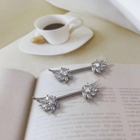 14G Angel Wings Stainless Steel Nipple Rings Sparkling Crystal Rhinestone CZ Straight Barbell Tongue Ring Nipplering Shield Bar Piercing Body Jewelry Fashion Jewelry Gifts for Women Girls Girlfriend in Saudi Arabia