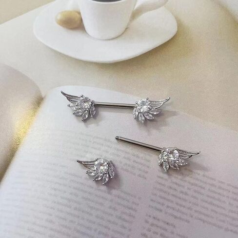 14G Angel Wings Stainless Steel Nipple Rings Sparkling Crystal Rhinestone CZ Straight Barbell Tongue Ring Nipplering Shield Bar Piercing Body Jewelry Fashion Jewelry Gifts for Women Girls Girlfriend in Saudi Arabia