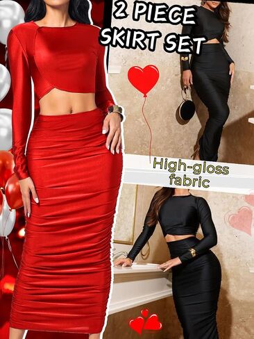 Kaei&Shi Two Piece Skirt Set for Women,Long Sleeve Top Maxi Skirts,Date Night Outfits Going Out Cocktail Party in Saudi Arabia