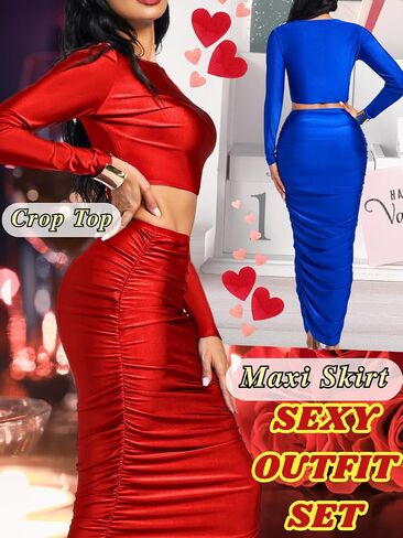 Kaei&Shi Two Piece Skirt Set for Women,Long Sleeve Top Maxi Skirts,Date Night Outfits Going Out Cocktail Party in Saudi Arabia