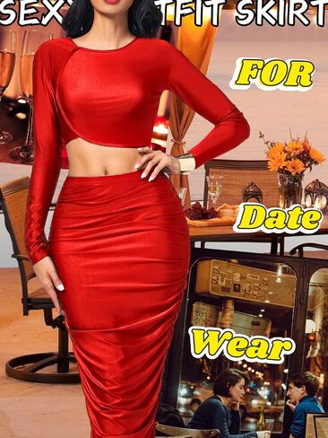 Kaei&Shi Two Piece Skirt Set for Women,Long Sleeve Top Maxi Skirts,Date Night Outfits Going Out Cocktail Party in Saudi Arabia