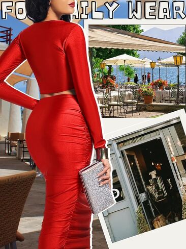 Kaei&Shi Two Piece Skirt Set for Women,Long Sleeve Top Maxi Skirts,Date Night Outfits Going Out Cocktail Party in Saudi Arabia