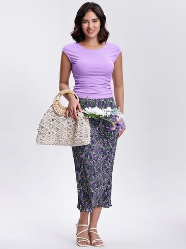 Kimmery Summer Casual Two Piece Skirt Set for Women Crew Neck Crop Tops Elastic Waist Midi Skirt Outfits in Kuwait