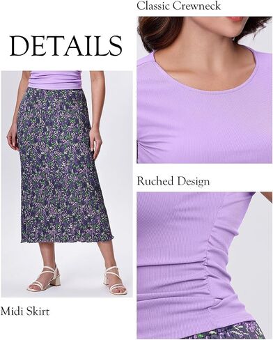 Kimmery Summer Casual Two Piece Skirt Set for Women Crew Neck Crop Tops Elastic Waist Midi Skirt Outfits in Kuwait