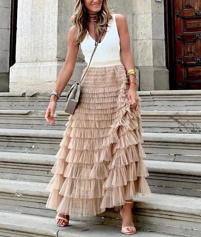 Ebossy Women's Teared Tiered Tutu Tulle Skirt مسدود حفلة حفلة موسيقية طويلة in Saudi Arabia
