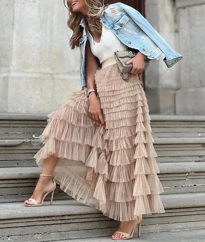 Ebossy Women's Teared Tiered Tutu Tulle Skirt مسدود حفلة حفلة موسيقية طويلة in Saudi Arabia