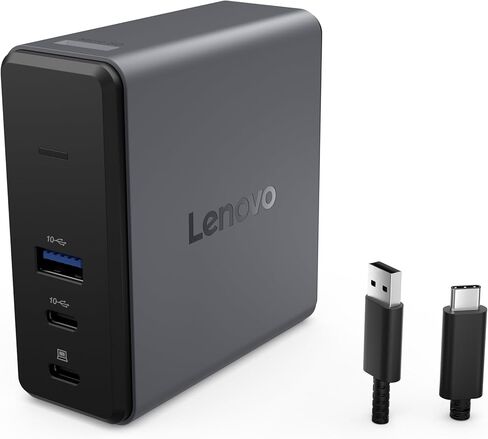قاعدة شحن رفيعة للسفر USB-C من لينوفو، 8 منافذ، مرور يصل إلى 65 وات PD، كابل USB-C مدمج، دعم شاشة 4K، أسود in Kuwait