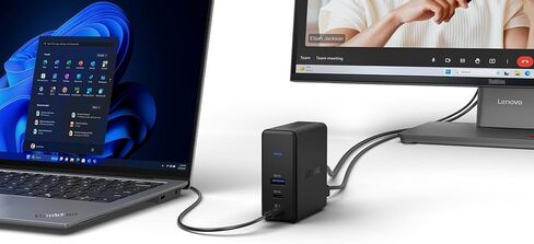 قاعدة شحن رفيعة للسفر USB-C من لينوفو، 8 منافذ، مرور يصل إلى 65 وات PD، كابل USB-C مدمج، دعم شاشة 4K، أسود in Kuwait