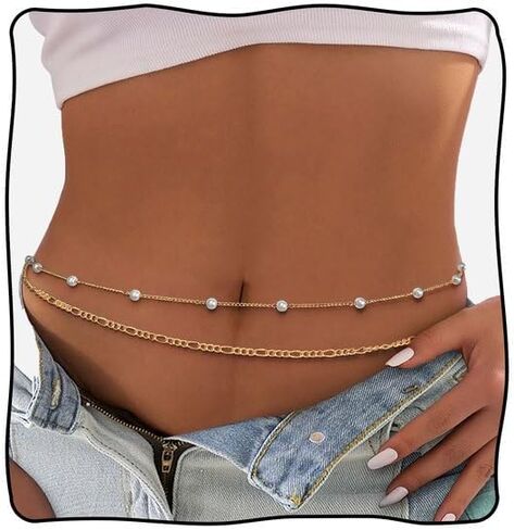 2pcs سلسلة الخصر المطلية بالذهول على شاطئ اللؤلؤ بؤلؤة جسم قابلة للتعديل بيكيني سلسلة بطن سلسلة جسم المجوهرات للنساء in Kuwait