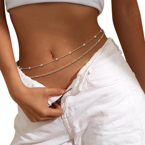 2pcs سلسلة الخصر المطلية بالذهول على شاطئ اللؤلؤ بؤلؤة جسم قابلة للتعديل بيكيني سلسلة بطن سلسلة جسم المجوهرات للنساء in Kuwait