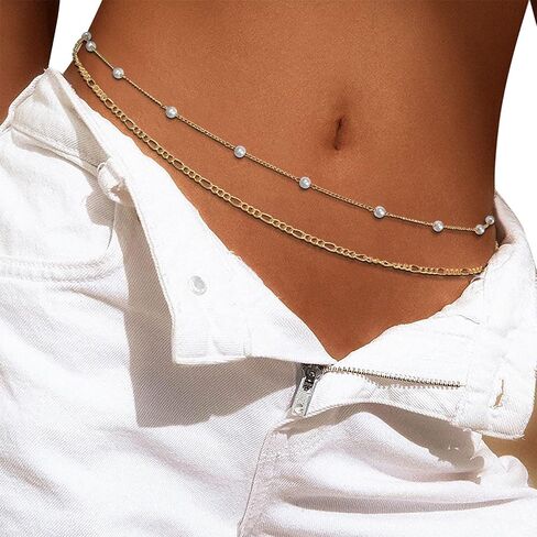 2pcs سلسلة الخصر المطلية بالذهول على شاطئ اللؤلؤ بؤلؤة جسم قابلة للتعديل بيكيني سلسلة بطن سلسلة جسم المجوهرات للنساء in Kuwait