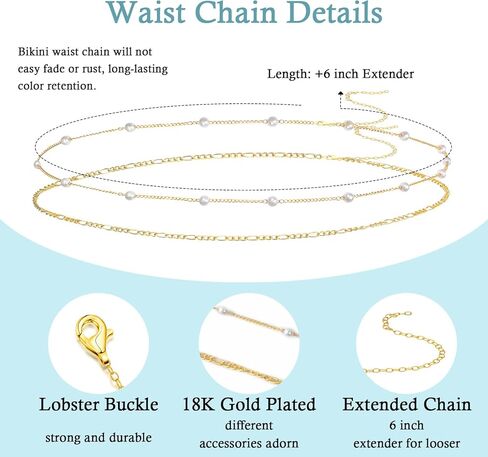2pcs سلسلة الخصر المطلية بالذهول على شاطئ اللؤلؤ بؤلؤة جسم قابلة للتعديل بيكيني سلسلة بطن سلسلة جسم المجوهرات للنساء in Kuwait