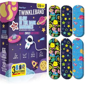 Glow in The Dark Bandages - 120 Assorted Fun Cute Colored Flex Fabric Adhesive Bandage Refill Kit for Toddler Kids - Pretty Colorful Cool Children Bandage Variety Pack for Boys & Girls Cuts Scrapes
