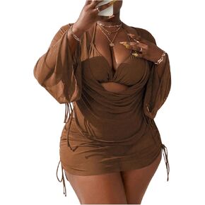 GORGLITTER Women's Plus Size Bathing Suits Triangle Halter Bikini and Thongs Swimsuit with Cover Up Set