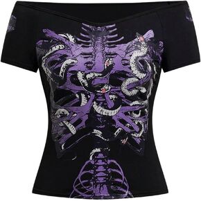 SOLY HUX Women's Goth T Shirts Off Shoulder Short Sleeve Graphic Tees Y2k Tight Fitted Crop Tops