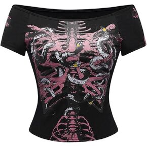 SOLY HUX Women's Goth T Shirts Off Shoulder Short Sleeve Graphic Tees Y2k Tight Fitted Crop Tops in Saudi Arabia
