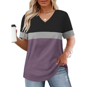 Womens-Plus-Size-Tops Summer Short Sleeve Casual V Neck Tunics Trendy Color Block Fashion T Shirts