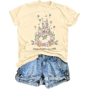 Magical Shirt for Women Happiest Place On Earth T-Shirt Balloon Flower Graphic Short Sleeve Tops Holiday Tee