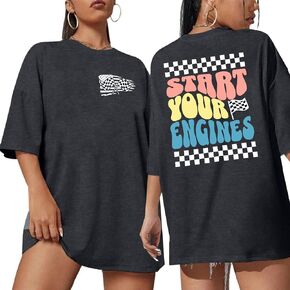 Oversized Racing Shirt Women Start Your Engines Shirts Race Day Checkered Flag Tee Casual Unisex Short Sleeve Tops